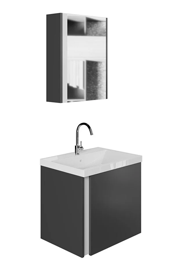 Kemer 50 Cm, Lavabolu, Aynalı, Banyo Dolabı, Mat Antrasit, Lavabo Dahil